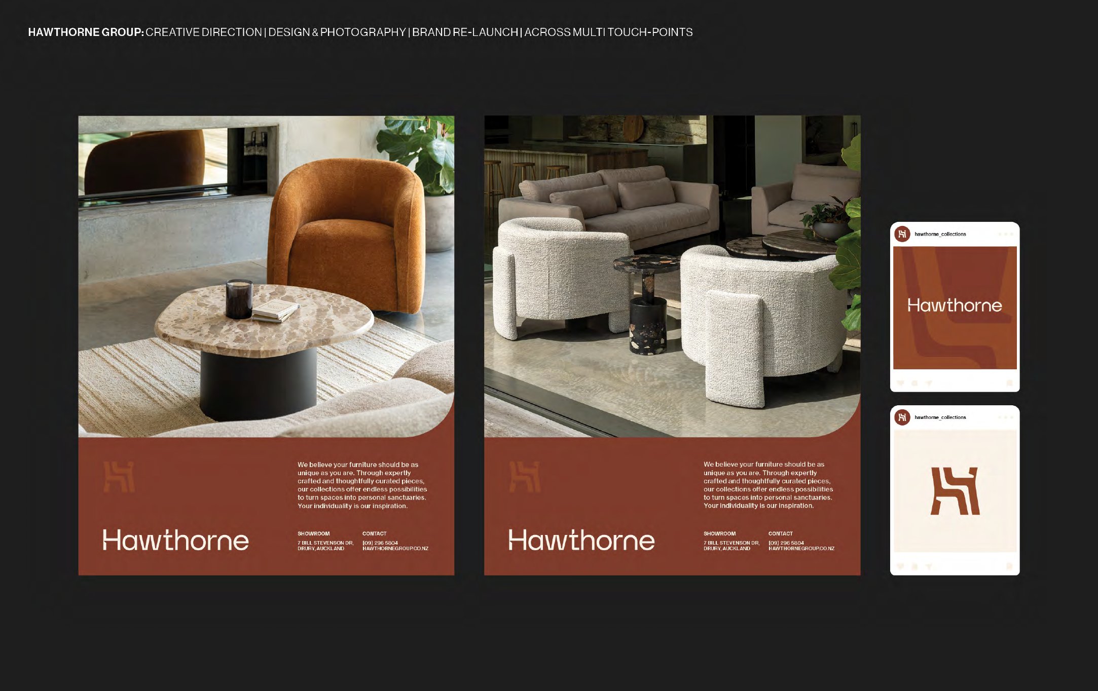 Hawthorne Group brand re-launch — furniture photography and identity application